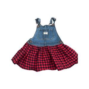Osh Kosh B’Gosh Denim Red Gingham Plaid Overall Skirt Dress Size 2T